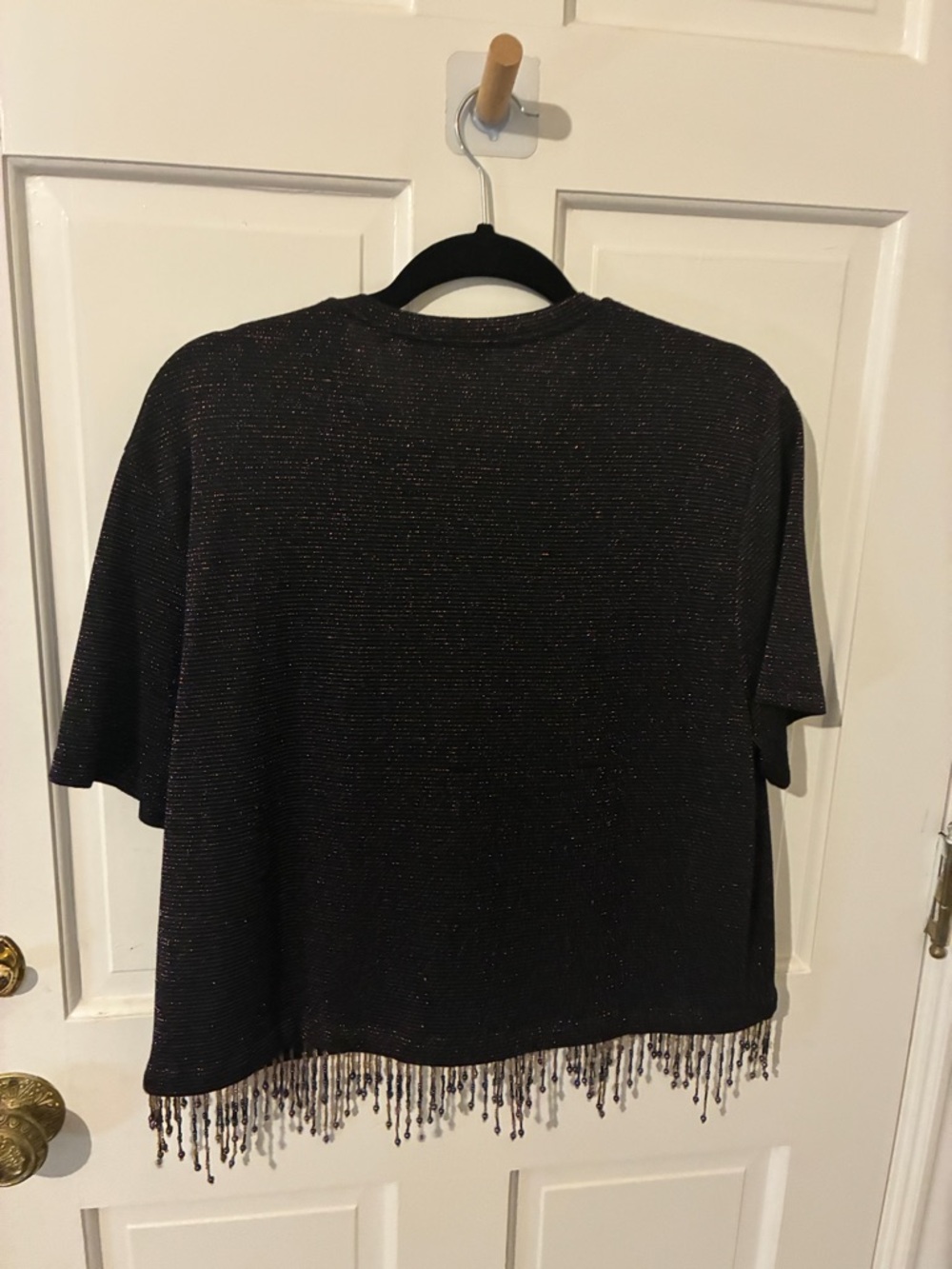NWOT OPENING CEREMONY Women’s Black Sparkle Short Sleeve Beaded Fringe Hem Top - Picture 4 of 7